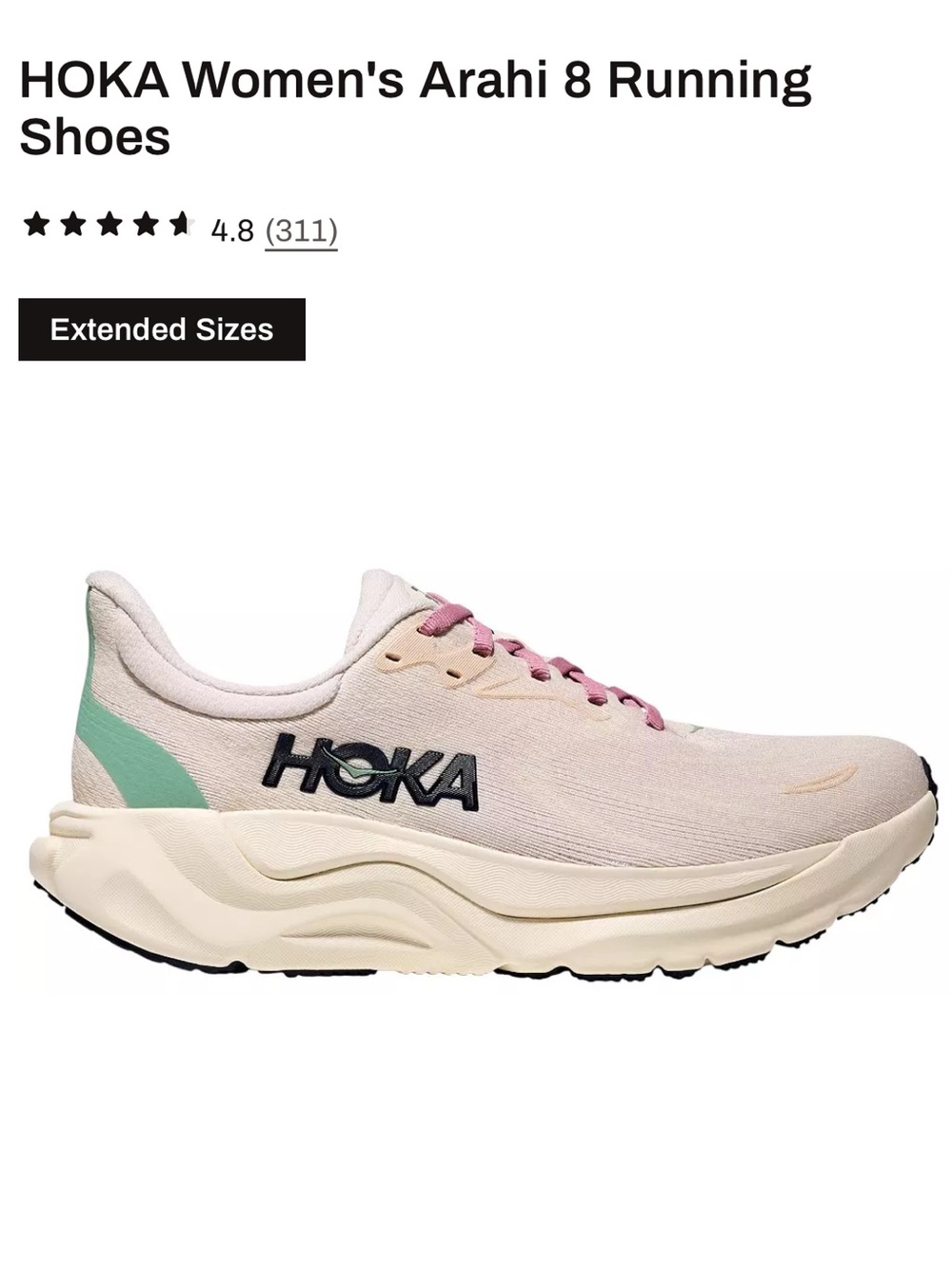 Hoka Arahi 8 Running Shoe Women 10 Cream Pink 1168691 RCRM Road Trainer